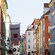 A business district lined with colorful buildings